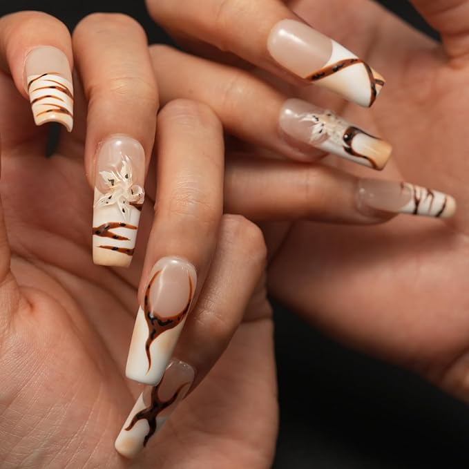 Handmade Press on Nails with Charms - Long Square French False Nails, Stars, Leopard, 3D Flower Embossed Designs for Women & Girls, Nail Kit