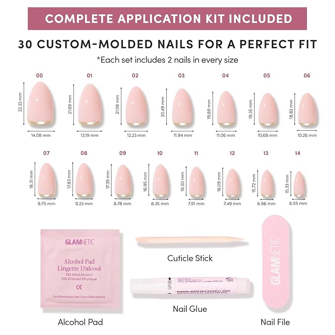 Glamnetic Press On Nails - Goal Chaser | Short Almond Neutral Fake Nails with Gold Reverse French Tip, Salon Quality Nude Nails | 15 Sizes - 30 Nail Kit with Glue