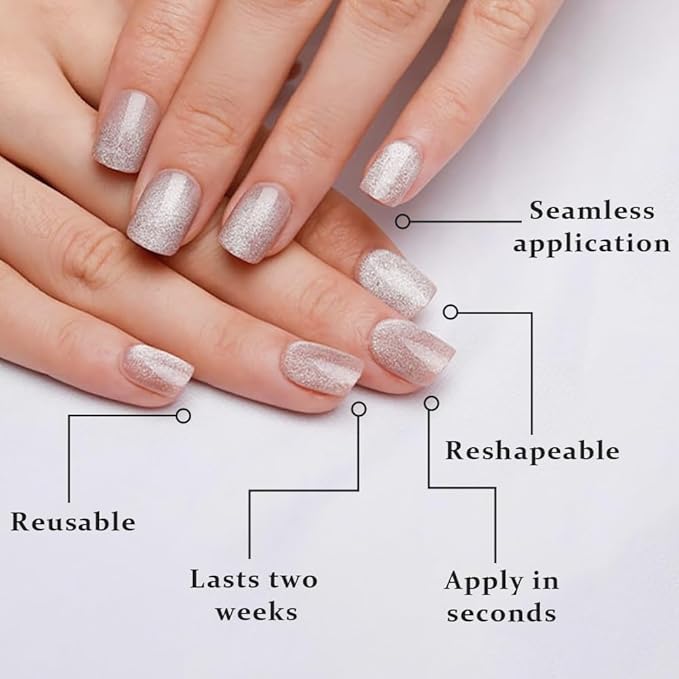 evpct Nude Cat Eye Extra Short Press on Nails Square, Petite Short Square Stick on Nails for Women Gift, Champagne Metallic Glitter Glossy Reusable Soft Gel Press on Acrylic Fake Nail with Designs