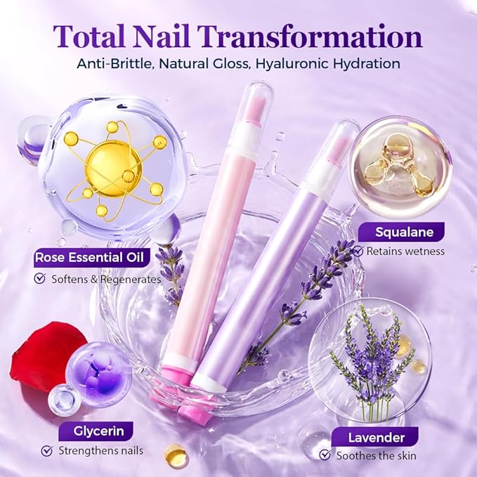 2-in-1 Cuticle Oil Pusher Pen, 2026 New Ceramic Cuticle Remover, Portable Nail Oil Pen for manicure, Moisturizing Nail Strengthener for nail salon, Gentle Hangnail Remover for women (Rose scent*2)