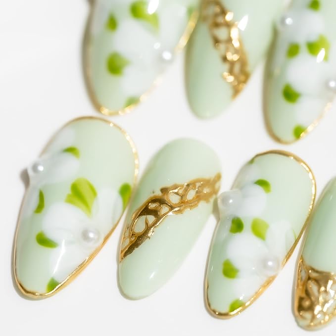 Sun&Beam Nails Handmade Medium Long Almond Green False Nail Tips with Cute 3D Pearl Popular Charm Design Press On Nails 10 Pcs (#78 XS) (FN-HM-078-XS.AU)