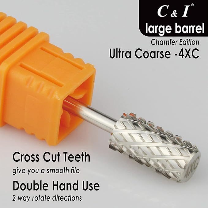 C & I Large Barrel Nail Drill Bit, Chamfer Edition, Professional E-File for Nail File Machine, Designed to Remove Nail Gels, Acrylics, and other nail color covers 3/32” (Ultra Coarse - 4XC)