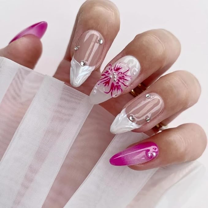 Handmade 3D French Art Press On Nails for Women - Reusable Medium Almond False Nails, 10PCS ABS Artificial Fingernails with Nail Tip Design for Salon & Home Use (Size L）