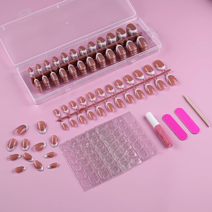 Lamemoria Pre-Design Brown Gel French Nail Tips, Short French Tip Press On Nails Oval Shape, Basic Fake Nails With Glue Tabs 240 Pcs/Set