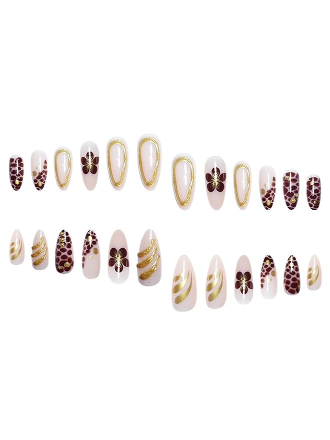 Long Press on Nails Almond Brown Fake Nails French Artificial Nails with Designs Glossy Acrylic Press ons Gold Charm Stick on Nails for Women 24pcs