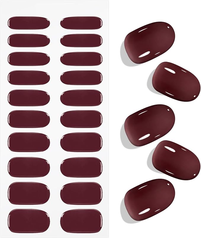 JMEOWIO Gel Nail Stickers Wine Red Semi Cured Gel Nail Strips Wraps UV/LED Nails Art Design Decoration Accessories