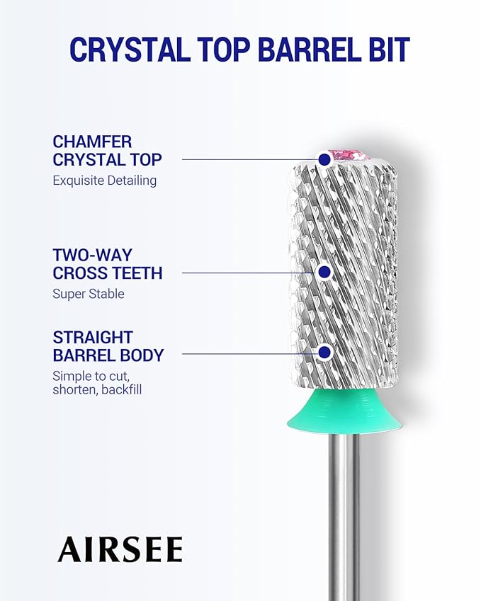 AIRSEE Tungsten Carbide Acrylic Nail Drill Bit Efile Electric File Machine Head Tip for Manicure Polishing Art Remove Gel 3/32" 2 Way Beginner Safety Pink Crystal Top Barrel Coarse-C