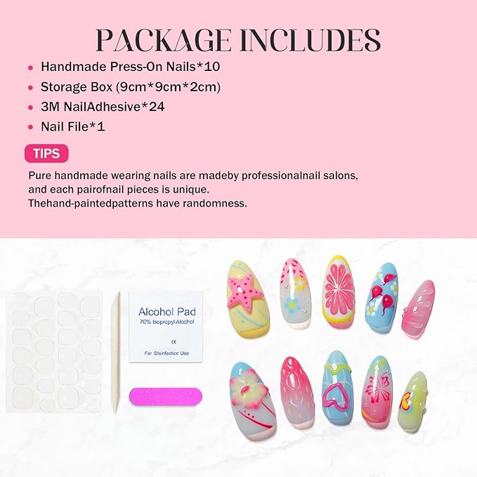 Handmade Press on Nails Medium Almond - 3D Luxury Colorful Flower Press on Nails Designs Thick Acrylic and Muti-Layer Gel False Nails Full Cover Gradient Fake Nails Stick on Nails for Women (Size M)
