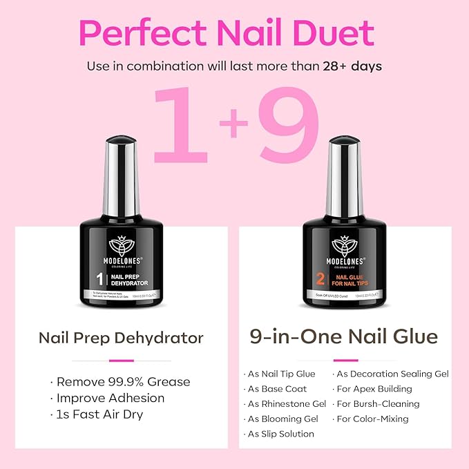 modelones Gel Nail Kit, Fake Nails Long Coffin, 9-in-One Glue Prep Dehydrator & Portable Mini U V Light Acrylic Clipper, 500Pcs Coffin Tips for Extension Kit DIY Salon Home Gifts for Women (Pack of 2)