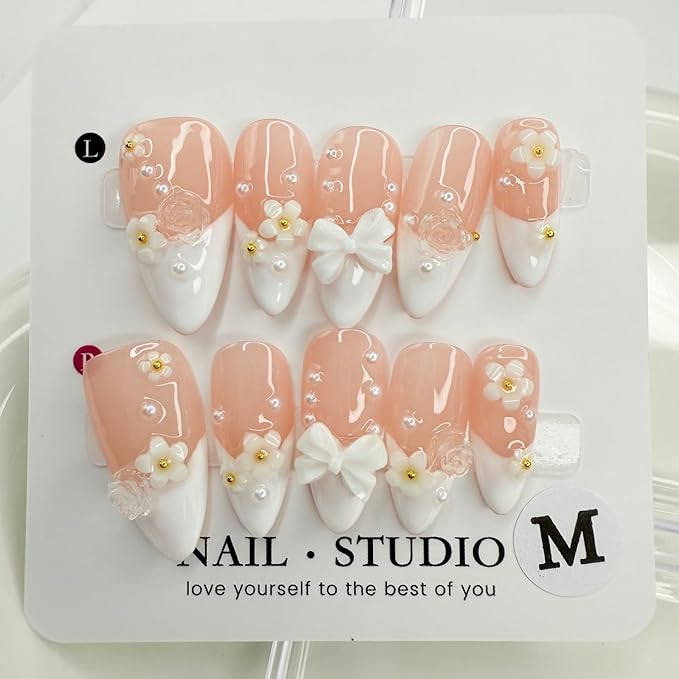 Handmade Press on Nails Flower Press on Nails White French False Nail Pearl and Bow Designs Short Almond Fake Nails Full Cover False Nails Acrylic Nails for Women Art Manicure (Size S)