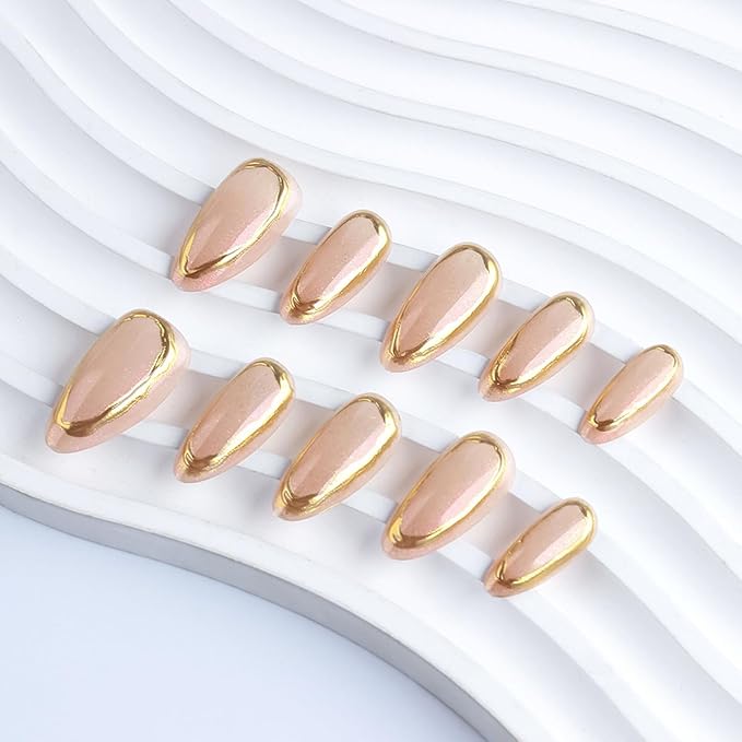 Almond Press On Nails Short Fake Nails Gold False Nails Press ons with Golden Edge Wrap Design Glossy Acrylic Full Cover Luxury Stick on Nails for Women Girls Daily Manicure 30Pcs