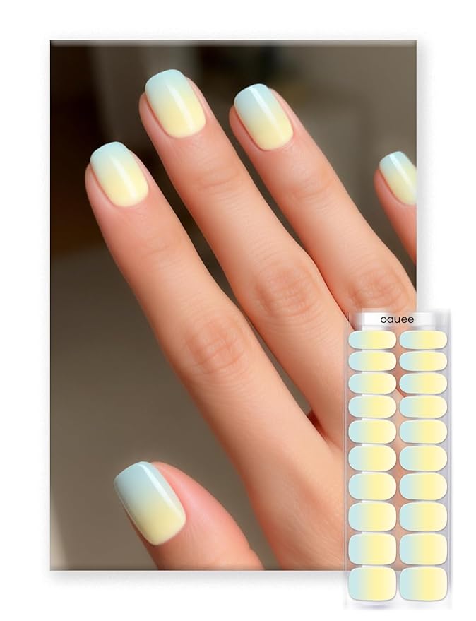 Semi Cured Gel Nail Strips | Built-In Gel Top Coat | UV Light Required | Salon Quality, Easy Application And Removal (Lemon Macaron）