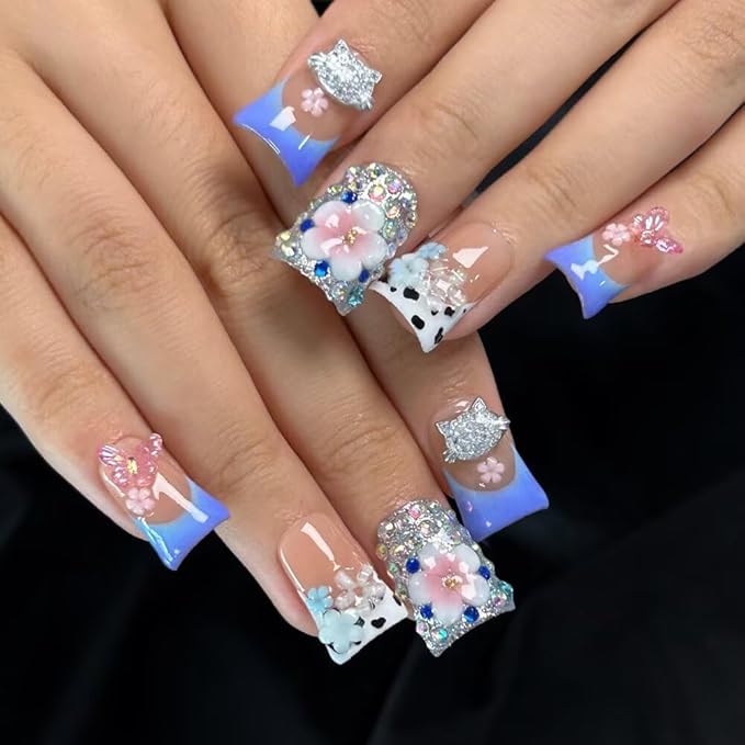 Press On Nails - Handmade French Duckbill Shape Nails, Cute 3D Butterfly and Floral Fake Nails, 10 Pcs Reusable Artificial Sparkling Diamonds False Nails for Women (Size S)