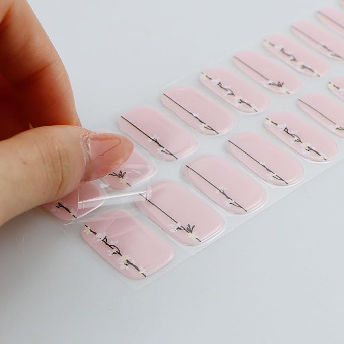 JMEOWIO Gel Nail Stickers White Flower Semi Cured Gel Nail Strips Wraps UV/LED Nails Art Design Decoration Accessories
