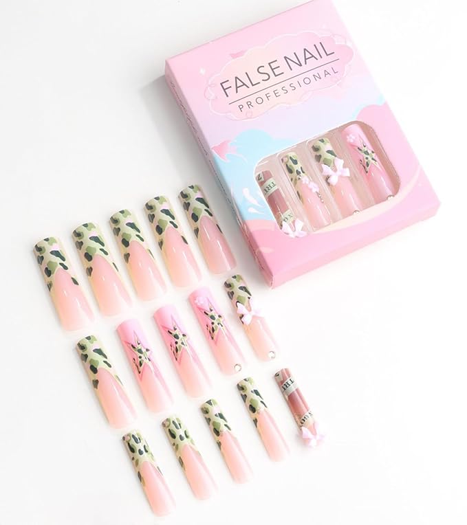 Press on Nails Square - Extra Long Fake Nails with 3D Bows and Flowers, Green French Tips Pink False Nail with Glue Sticker, Stick On Nails for Women, 12 Sizes - 24 Nail Kit, Moss Camo