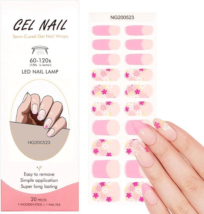 Flower Semi Cured Gel Nail Strips - 20Pcs Pink French UV Gel Nail Wraps with Colorful Floral Design, Long Lasting Salon-Quality Stickers, Includes Nails File & Wooden Stick - UV/LED Lamp Required