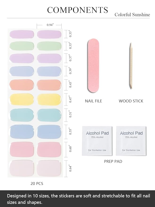 Semi Cured Gel Nail Strips (Colorful Sunshine), Macaroon, 20 Pcs Gel Nail Wraps, Stickers, UV Light Required, Salon Quality, Long Lasting
