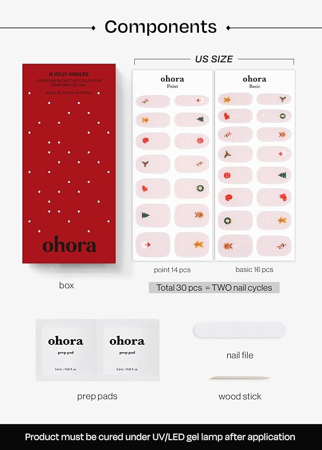 ohora Semi Cured Gel Nail Strips (N Jolly Jingles) - Nude, Pattern, Works with Any UV/LED Lamps, Salon-Quality, Long Lasting, Easy to Apply & Remove - Includes 2 Prep Pads, Nail File & Wooden Stick