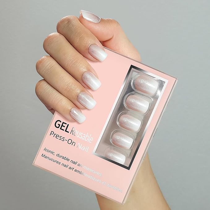 White Gradient Press on Nails Luxurious Thickened Short Square Shaped False Nails with Silver Glitter Designs French Fake Nails Full Cover Stick on Nails Sparkly Acrylic Nails for Women DIY Art 32 Pcs