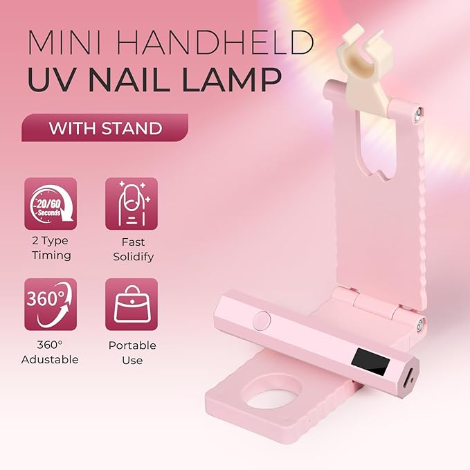 UV Nail Lamp with Stand Foldable, 360°Adjustable Rotation, Portable, Relax Hands,Pink Flash Cure Lamp for Gel Polish Home DIY Salon Women Painting Manicure