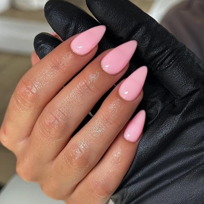Pink Press On Almond Shaped Medium Length Stiletto False Nails, Soft Gel Artificial Reusable Neutral Acrylic Nails for Women Girls