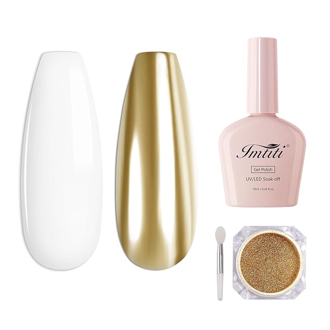 Imtiti Gold Chrome Nail Powder Kit,1g Gold Meatllic Mirror Effect Powder with 10ml White Color Gel Polish Metal Nail UV DIY Kit