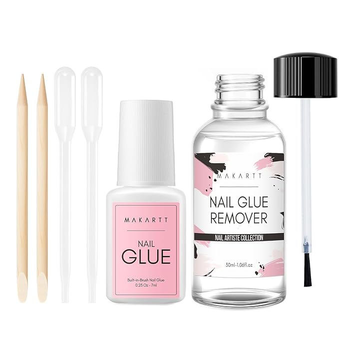 Makartt Nail Glue with Remover Kit: Super Strong,Quick Dry Nails Adhesive for Press-Ons 7ML, with Press on Nail Glue Remover, 30ML Fast Removal Debonder with 2 Droppers DIY Manicure at Home Salon
