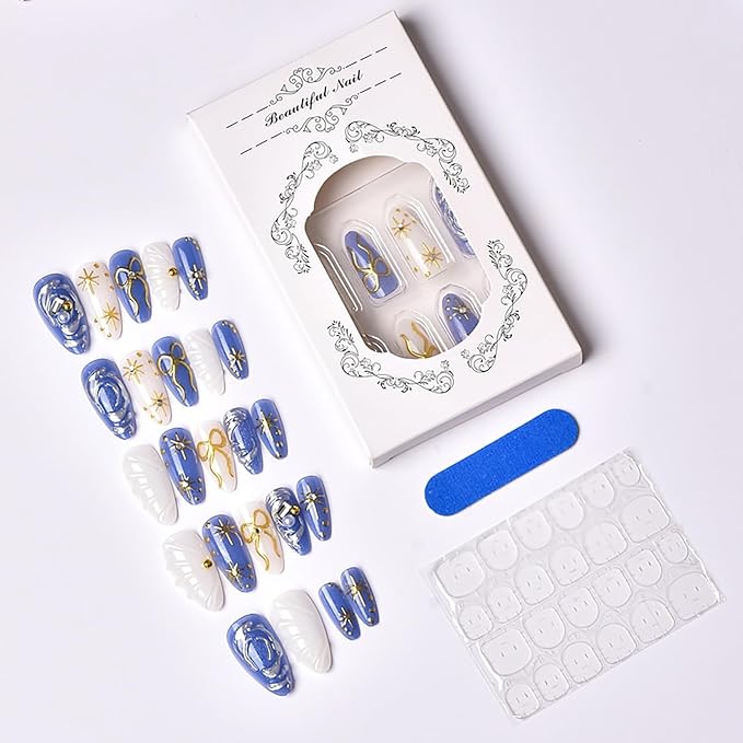 24pcs Blue Press on Nails Medium Almond Fake Nails with 3d Gold Bow Star Rhinestones Designs Glue on Nails Blue Full Cover Artificial False Nails Reusable Acrylic Nail for Women Nail Decor Supplies