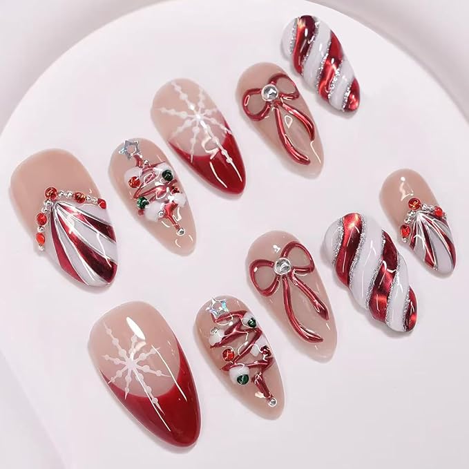 Christmas Press on Nails Medium Almond French Tip Fake Nails with 3d Bow Rhinestones Designs Winter Snowflake Glue on Nails Xmas Tree Full Cover Artificial Acrylic Nail for Women Nail Supplies 30pcs