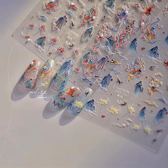 3D Asian Phoenix Nail Art Stickers, Mountain and Floral Design, Blue and Orange