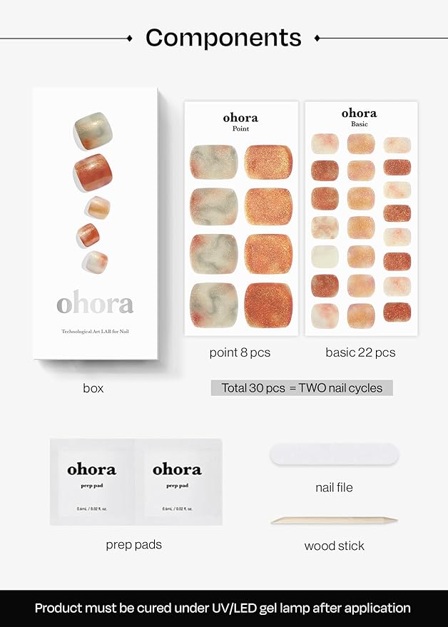 ohora Semi Cured Gel Pedi Strips (P Tasogare) - Works with Any Nail Lamps, Salon-Quality, Long Lasting, Easy to Apply & Remove - Includes 2 Prep Pads, Nail File & Wooden Stick