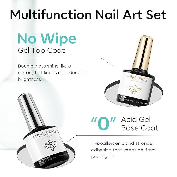 modelones Nail Dehydrator and Primer with Gel Base & Top Coat Set, Acid Free Acrylic Supplies Primer Glossy Gel Nail Polish Nail Thickening Solution Top Coat