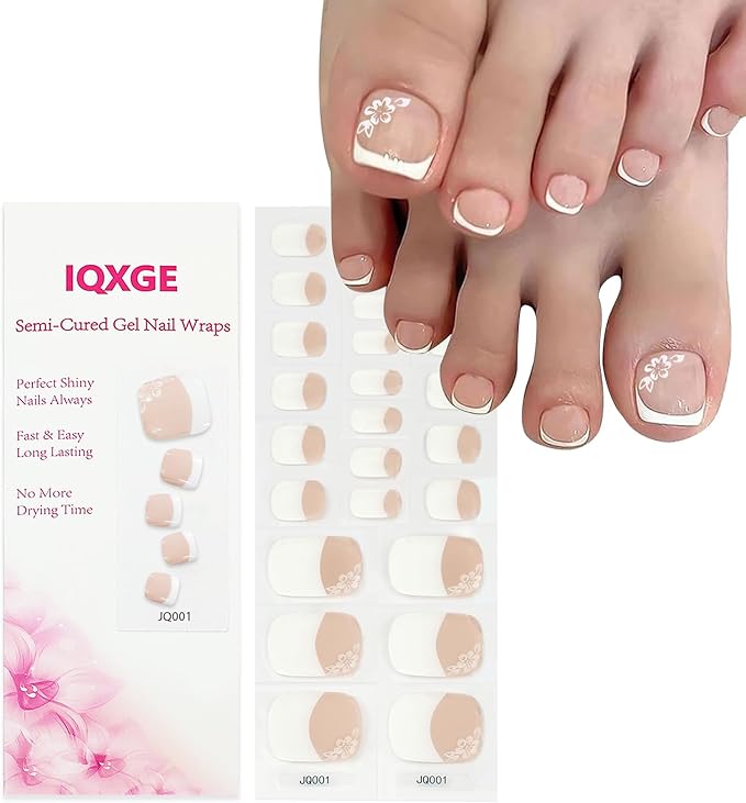26 Pcs Semi Cured Gel Toe Nail Strips White Flower Gel Nail Stickers Full Cover Nails Wraps Nude French Toe Nails Polish Strips Stickers for Women UV/LED Light Required