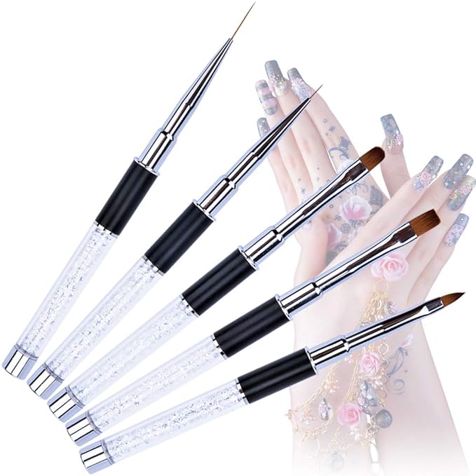 5Pcs Nail Art Brush Set Rhinestone Handle Gel Polish Nail Art Design Brushes for Salon and Home DIY Manicure