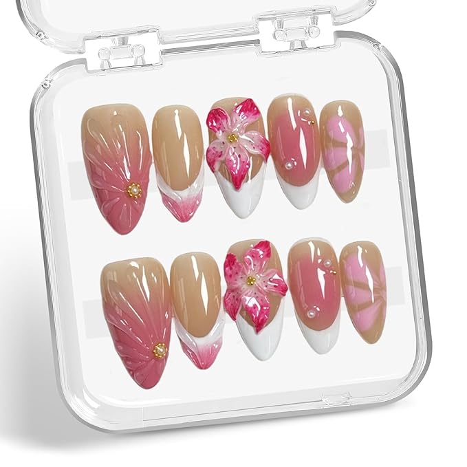 White French Tip Press on Nails Flower Fake Nails with 3D Water Rpple Luxury Pearl Designs Handmade Press on Nails Pink Gradient False Nail Full Cover Thick Acrylic Nail for Women Nail Art (Size M)