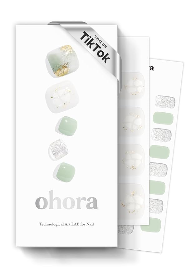 ohora Semi Cured Gel Pedi Strips (P Komorebi) - Green, White, Works with Any UV/LED Lamps, Salon-Quality, Long Lasting, Easy to Apply & Remove - Includes 2 Prep Pads, Nail File & Wooden Stick