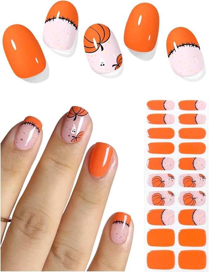 Semi Cured Gel Nail Strips (Pumpkin), Orange, 20 Pcs Thanksgiving Gel Nail Wraps, Stickers, Salon Quality, Long Lasting, Works with Any UV Lamps