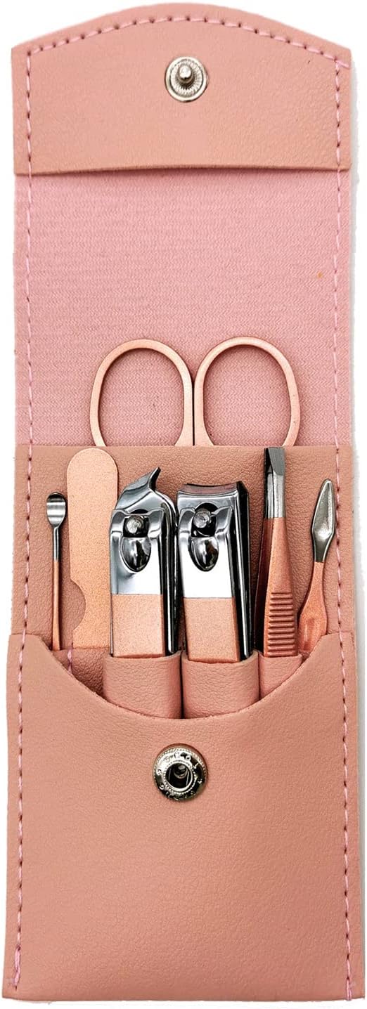Nail Clipper Set, 7PCS Manicure Set Fingernail Clippers Kit Fashion Color Champagne Stainless Steel Pedicure and Manicure Kit with Pink PU Leather Case