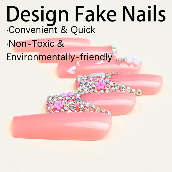 RTKHFZE Extra Long Press On Nails - Pink Full Cover False Nails with 3D Flower & Rhinestone Designs, French Tip, 24 Pcs