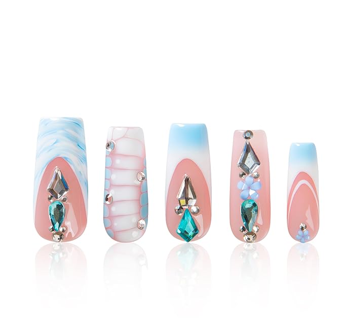 LOVFUL Short French Tip Press on Nails Glacier Jewel | Handmade Acrylic Press ons| Reusable Fake False Nails | Square Classic Regular 1.3in | H738-L