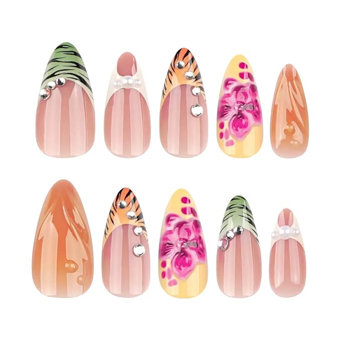 Fall Press on Nails Almond - Medium Fake Nails with Colorful Floral Design - French Tip Stripes Full Cover Stick on False Nails for Women Manicure 24 Pcs