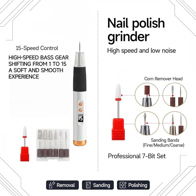 Cordless Nail Drill, Nail Drill Professional,15 Adjustable Speeds & 2 Direction Electric Nail File Kits, Portable Electric Nail Grinder Kits for Home Salon Manicure Pedicure Beginners(White).
