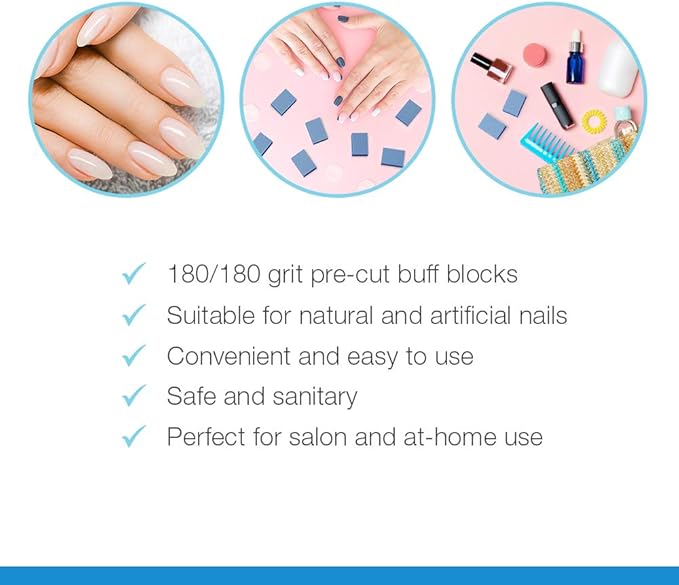Flowery Disposable Buff Blocks Blue 180/Grit, Nail Polishing Buffer, Nail Care Tool to Prep, Shape and Smooth Nails for Perfect Manicure and Pedicure, 100 pcs (DFBB-100)