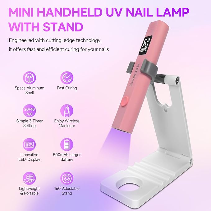 Handheld UV Light for Gel Nails with Stand, Mini Nail Lamp with LCD Display 3-Timer Modes Portable Cordless Rechargeable USB Small Nail Dryer for Fast Curing Home DIY Manicure Nail Art