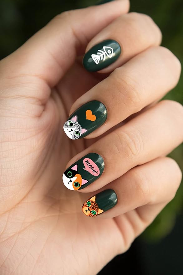 WIRESTER 8 Sheets of Nail Art Stickers Decals - Self-Adhesive Nail Decals for Women Kids Girls - Cats (Cat Face, Cat Paws, Fish Bone, Meow, Heart, Bow Tie)