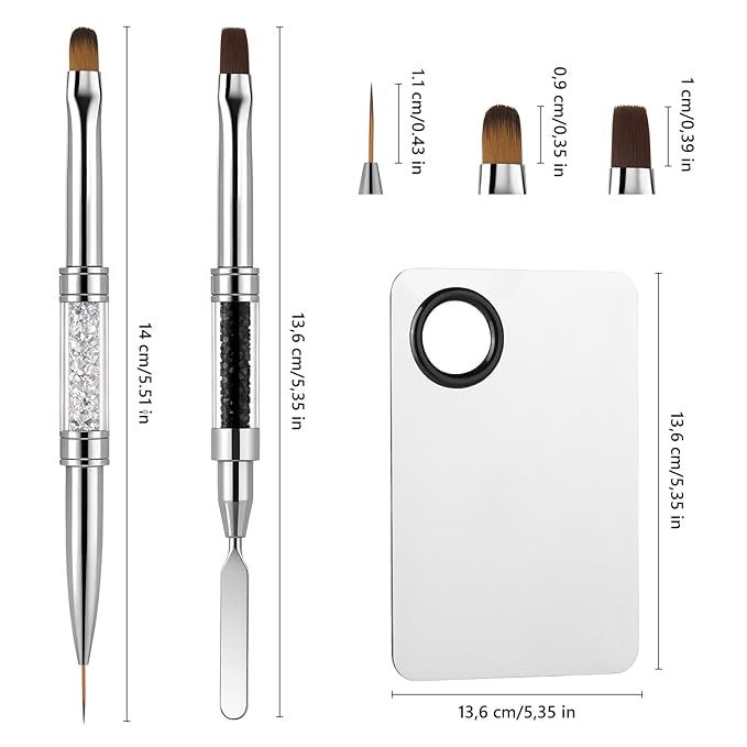 Double Ended Nail Builder Gel Brush and Palette Set,French Tip Brushes Hard Gel,Flat/Oval Nail Brushes,Liner Brush & Spatula,Nail Design Tools for Salon & DIY Use（3PCS）