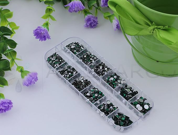 Over 2100 Pieces Green Emerald Flat Back Glass Rhinestones Crystals for Nail Art Kit 6 Sizes (1.4mm - 4.8mm)