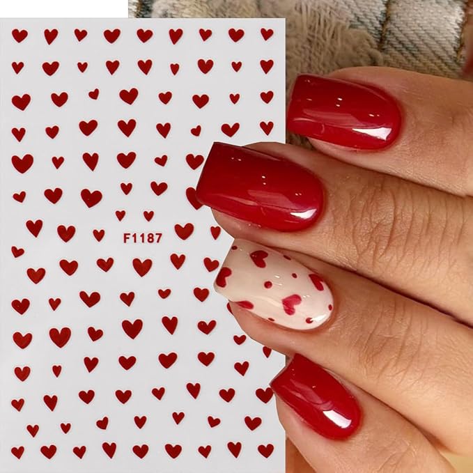 6 Sheets Valentines Nail Stickers 3D Self-Adhesive Mini Heart Nail Art Stickers Set Glitter Pink Red Heart Nails Design Decal Romantic Valentine Stickers for Nails DIY Women Manicure Decoration