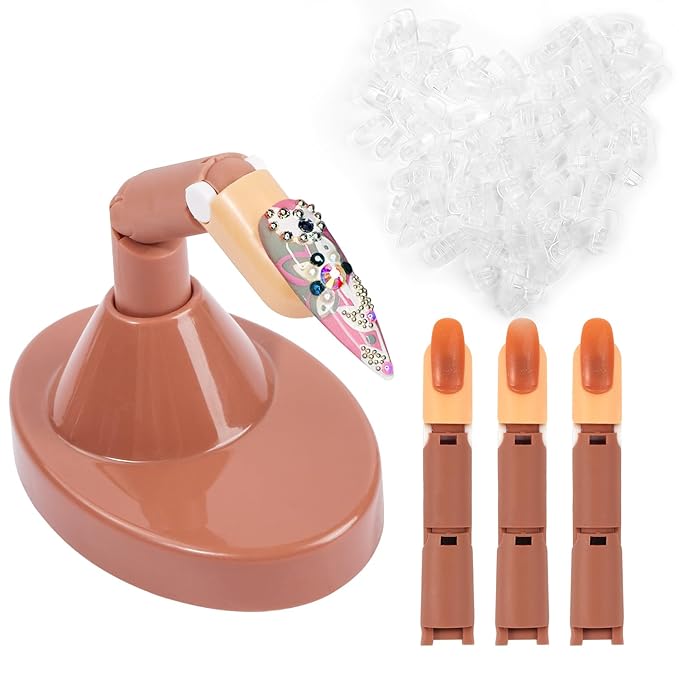 Practice Fingers for Acrylic Nails, Flexible Movable Fake Finger to Practice Fake Nails, 3PCS Adjustable Nail Finger Practice with 1PC Brown Acrylic Finger Base, 100PCS Clear Nail Tips With Box