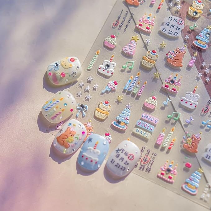 Cartoon Nail Stickers 3D Self-Adhesive Kawaii Animal Nail Supplies Yellow Bear Nail Decals 5D Embossed Cute Birthday Candle Cake Nails Designs for Women DIY Manicure 1 Sheet